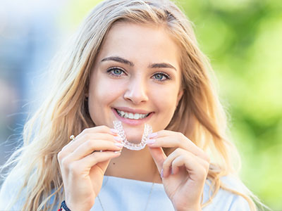 A young woman with straight teeth is holding up a dental retainer, smiling broadly.