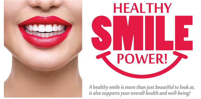 The image features a close-up of a person s face with vibrant red lipstick applied, promoting a  Healthy Smile Power  message, which suggests a connection between dental health and overall wellness.