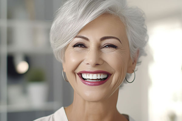 The image shows a smiling older woman with short hair, wearing a white top and earrings, looking directly at the camera.